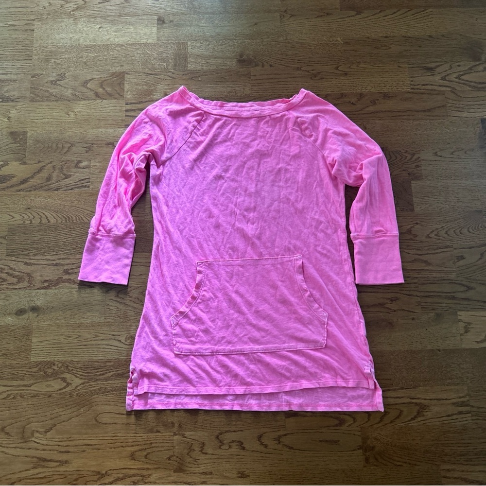 Gap Women the Minna Soda Washed Kanga Pocket Shirt Top Pink 3/4 Sleeve XS Neon - Picture 2 of 4